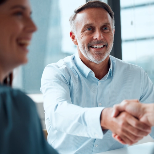 Business professionals shaking hands during a consultancy meeting